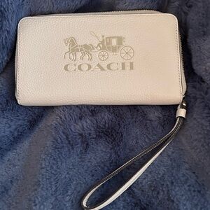 Coach White Pebbled Leather Zip Wristlet with Carriage Emblem